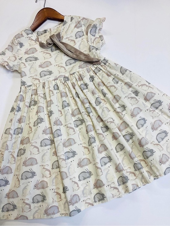 Pink Chicken Other - Pink Chicken Cream Bunny Print Dress with Taupe Velvet Tie 0222